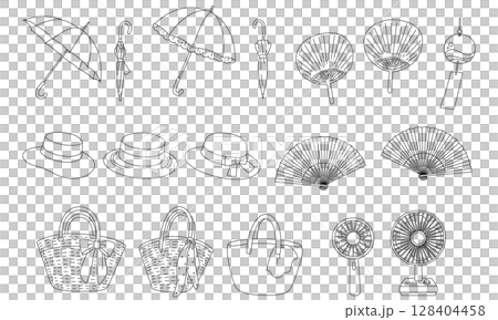 A set of summer items line drawings that can be used for coloring and decorations | Hats, parasols, fans, wind chimes, etc. 128404458