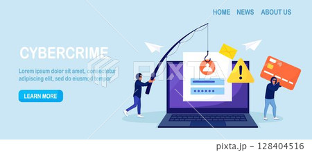 Cyber criminals phishing stealing private personal data, credentials, password, bank document and credit card. Tiny anonymous hackers attacking computer, hacking  email. Cyber crime, hacker attack 128404516