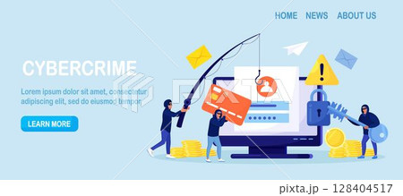 Cyber criminals phishing stealing private personal data, credentials, password, bank document and credit card. Tiny anonymous hackers attacking computer, hacking  email. Cyber crime, hacker attack 128404517