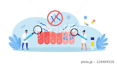 Helicobacter pylori infection. Bacterium with flagella damage stomach tissue. Digestive tract diseases, gastritis. Doctor inspecting stomach, intestine microflora, gut microorganisms. Gastroenterology Helicobacter pylori infection. Bacterium with flagella damage stomach tissue. Digestive tract diseases, gastritis. Doctor inspecting stomach, intestine microflora, gut microorganisms. Gastroenterology 128404528