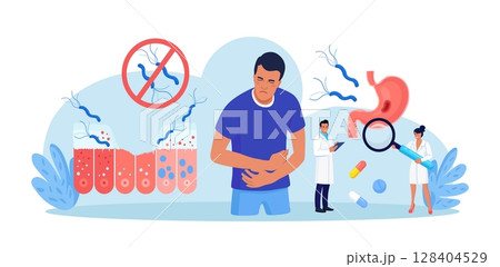 Helicobacter pylori infection process in stomach causes of gastritis, ulcer. Digestive tract diseases. Gastroenterology. Doctor inspecting stomach, intestine, gut microbiota, prescribes medication 128404529