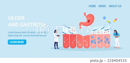 Helicobacter pylori infection. Bacterium with flagella damage stomach tissue. Digestive tract diseases, gastritis. Doctor inspecting stomach, intestine microflora, gut microorganisms. Gastroenterology 128404533