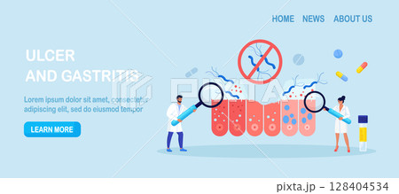 Helicobacter pylori infection. Bacterium with flagella damage stomach tissue. Digestive tract diseases, gastritis. Doctor inspecting stomach, intestine microflora, gut microorganisms. Gastroenterology Helicobacter pylori infection. Bacterium with flagella damage stomach tissue. Digestive tract diseases, gastritis. Doctor inspecting stomach, intestine microflora, gut microorganisms. Gastroenterology 128404534