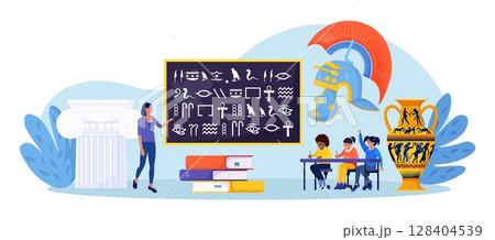 History school subject. Pupils learning world history, greek and roman culture. Education and science concept. Teacher pointing at chalkboard, teaching students with ancient language, alphabet History school subject. Pupils learning world history, greek and roman culture. Education and science concept. Teacher pointing at chalkboard, teaching students with ancient language, alphabet 128404539