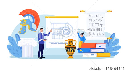 History school subject. Pupil learning world history, greek and roman culture. Education and science concept. Teacher pointing at chalkboard, teaching student with ancient architectural details 128404541