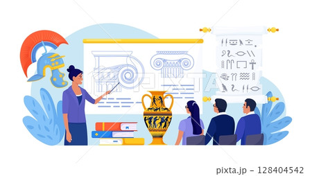 History school subject. Pupils learning world history, greek and roman culture. Education and science concept. Teacher pointing at chalkboard, teaching students with ancient architectural details History school subject. Pupils learning world history, greek and roman culture. Education and science concept. Teacher pointing at chalkboard, teaching students with ancient architectural details 128404542