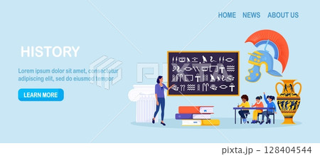 History school subject. Pupils learning world history, greek and roman culture. Education and science concept. Teacher pointing at chalkboard, teaching students with ancient language, alphabet 128404544