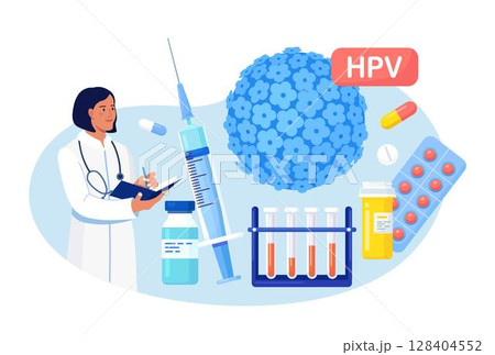 Human papillomavirus. Doctor diagnosis HPV virus. Cervical cancer early diagnostics and checkup. Scientist analyzing infected cells. HPV vaccination for reduce virus infection risk or oncology 128404552