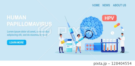 Human papillomavirus. Doctor diagnosis HPV virus. Cervical cancer early diagnostics and checkup. Scientist analyzing infected cells. HPV vaccination for reduce virus infection risk or oncology 128404554