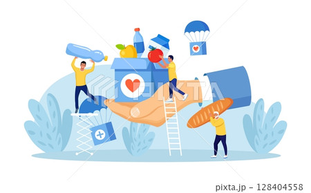 Humanitarian Aid, Food Donation for Poor People, Refugees. Team of Volunteers Collecting Help Boxes to Shelters, Filling Cardboard Donation Box with Products, Groceries. Charity People Sharing Food 128404558