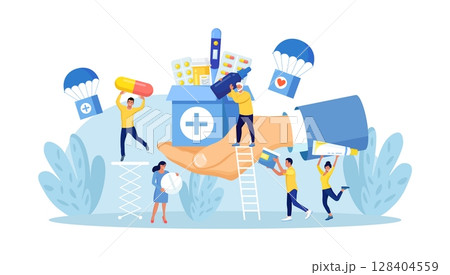 Humanitarian Aid. Voluntary Social Assistance and Support. Volunteers Collecting Food, Medicine for Refugees. People Donating Medications First Aid. Charity, Medicines Donation for Needy Poor People. 128404559