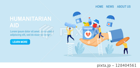 Humanitarian Aid, Food Donation for Poor People, Refugees. Team of Volunteers Collecting Help Boxes to Shelters, Filling Cardboard Donation Box with Products, Groceries. Charity People Sharing Food 128404561