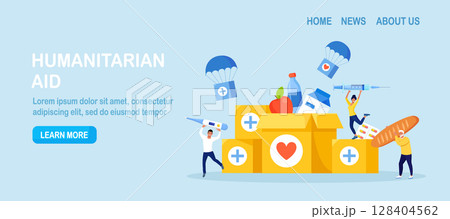 Humanitarian aid. Social worker collecting food, medical supplies to needy people. Volunteering, donation, humanitarian relief. Volunteers pack help boxes for refugees. Government assistance to poor 128404562