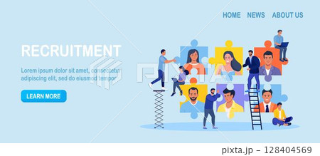 Find skilled and experienced career laborers from candidates crowd. Businessman looking for human talent as jigsaw puzzle pieces. Recruiting, job search, human resource, employment agency 128404569