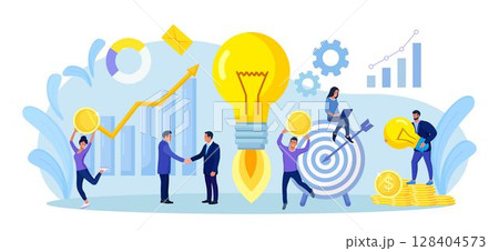 Tiny people develop creative business idea. Big light bulb as metaphor of idea. Business meeting and brainstorming. Businessmen solve problems and find solutions with teamwork. 128404573