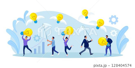 Business people chasing, catch flying light bulb with butterfly net. Capture new business ideas, search for innovation or creativity, brainstorm, invent new project. Motivated employee seek solution Business people chasing, catch flying light bulb with butterfly net. Capture new business ideas, search for innovation or creativity, brainstorm, invent new project. Motivated employee seek solution 128404574
