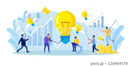 Businessman catches light bulb with lasso, butterfly net. Tiny people develop creative business idea, innovation project. Team analyzes brainstorming method. Businessmen solve problems find solutions 128404579