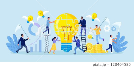 People connect parts of puzzle. Successful cooperation, partnership. Businessman with butterfly nets catching flying winged light bulbs. Teamwork in starting new project, business ideas, innovation 128404580