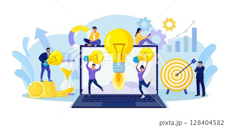 Tiny people develop creative business idea. Big light bulb as rocket on laptop screen. Business meeting and brainstorming, launch startup. Businessmen solve problems and find solutions with teamwork 128404582