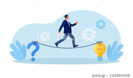 Businessman walking on rope stretched between question mark and light bulb. Finding solutions to problems. Human thoughts process. Problem solving skill, critical thinking. Business innovations 128404589