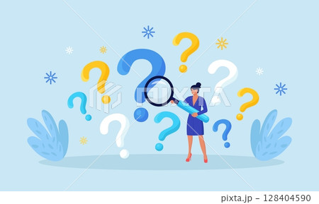Woman holding magnifying glass, researching information. FAQ Frequently Asked Questions, query. Root cause analysis, solving problem. Creative thinking idea. Investigate, search or analyze data 128404590