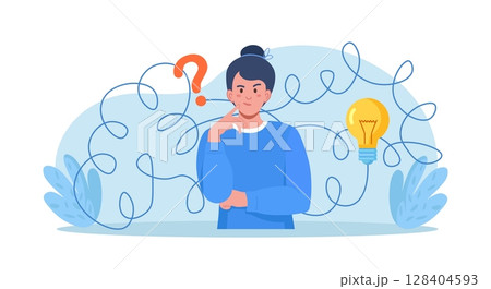Confused woman thinking about idea, finding solutions. Problem solving skill, creativity to solve difficult issue. Human thoughts process, strategic thinking to create and develop solution 128404593