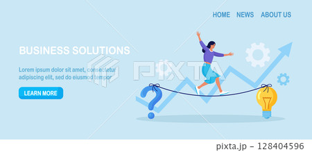 Young woman walking on rope stretched between question mark and light bulb. Finding solutions to problems. Human thoughts process. Problem solving skill, critical thinking. Business innovations Young woman walking on rope stretched between question mark and light bulb. Finding solutions to problems. Human thoughts process. Problem solving skill, critical thinking. Business innovations 128404596