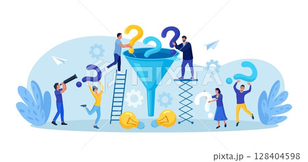 FAQ frequently asked question. Business people with funnel to get solution, filter with question marks. Solving problem, brainstorming, problems research and finding new idea, answer questions 128404598