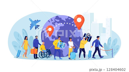 Immigration, emigration, people resettlement. Immigrants standing in queue, waiting departure in airport. Foreign citizen moving to developed countries. Population mobility, human migration 128404602
