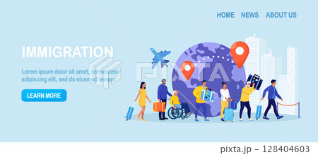 Immigration, emigration, people resettlement. Immigrants standing in queue, waiting departure in airport. Foreign citizen moving to developed countries. Population mobility, human migration 128404603
