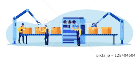 Efficient smart factory with workers, robotic arm, assembly lines. Manufacturing process, industry production. Operator controls conveyor automatic production line with boxes, high tech machinery 128404604