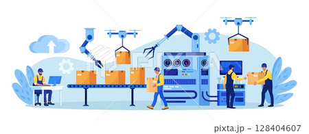 Efficient smart factory with workers, robotic arm, assembly lines. Manufacturing process, industry production. Operator controls conveyor automatic production line with boxes, high tech machinery Efficient smart factory with workers, robotic arm, assembly lines. Manufacturing process, industry production. Operator controls conveyor automatic production line with boxes, high tech machinery 128404607