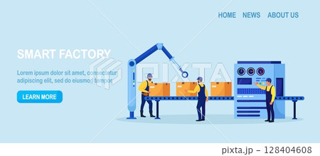 Efficient smart factory with workers, robotic arm, assembly lines. Manufacturing process, industry production. Operator controls conveyor automatic production line with boxes, high tech machinery Efficient smart factory with workers, robotic arm, assembly lines. Manufacturing process, industry production. Operator controls conveyor automatic production line with boxes, high tech machinery 128404608
