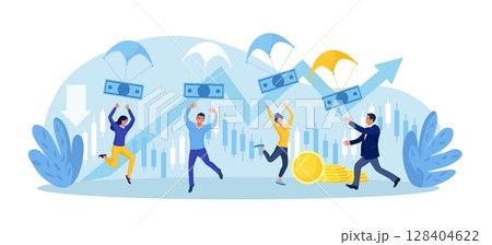 Inflation and deflation. Profit and loss in business. Lose money in financial crisis. Businessmen catching big dollar banknotes flying with parachute. Rising food cost. Bankruptcy, investment failure Inflation and deflation. Profit and loss in business. Lose money in financial crisis. Businessmen catching big dollar banknotes flying with parachute. Rising food cost. Bankruptcy, investment failure 128404622