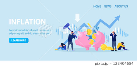 Businessman breaking piggy bank with hammer. Financial crisis, Bankruptcy, investment failure. Depressed poor man in need of money. Frustrated desperate businessmen sitting around broken money box 128404684