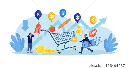 Inflation, financial crisis. People trying to catch groceries flying away from shopping cart with inflation bubbles. Rising food cost and products prices. Recession causing grocery price rising up 128404687
