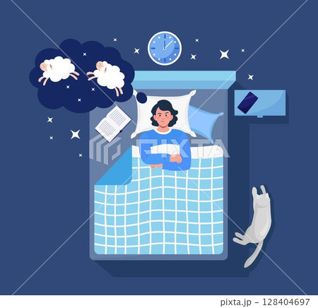 Young woman suffers from insomnia. Person lying in bed trying to fall asleep and counting sheep. Female character with sleep disorder, sleeplessness, mental problem 128404697