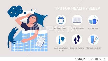 Useful tips and rules for healthy good sleep. Bedtime routine for peaceful dream, relax at night. List of advice to get rid of insomnia, sleeplessness. Woman sleeping in bed on pillow with book, cat Useful tips and rules for healthy good sleep. Bedtime routine for peaceful dream, relax at night. List of advice to get rid of insomnia, sleeplessness. Woman sleeping in bed on pillow with book, cat 128404703