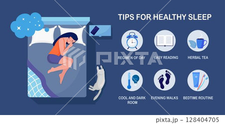 Useful tips and rules for healthy good sleep. Bedtime routine for peaceful dream, relax at night. List of advice to get rid of insomnia, sleeplessness. Woman sleeping in bed on pillow with book, cat Useful tips and rules for healthy good sleep. Bedtime routine for peaceful dream, relax at night. List of advice to get rid of insomnia, sleeplessness. Woman sleeping in bed on pillow with book, cat 128404705