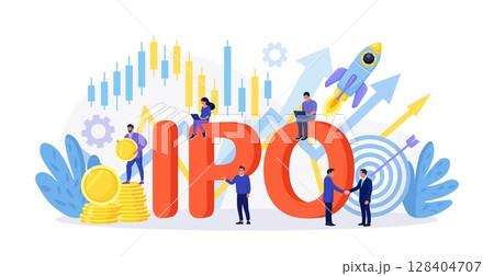 IPO Initial Public Offering. Company go public in stock market. Investment opportunity, profit from new stock. Businessman trader trading, invests in market stock share. Business growth Passive income 128404707