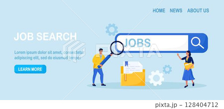 Employees looking for job. Unemployed people using magnifying glass searching vacancy on the search bar. Unemployment. Career, find opportunity, work position. Online recruitment service 128404712