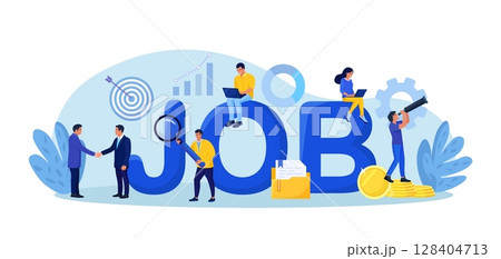 Employees looking for job. Unemployed people using magnifying glass, binoculars searching vacancy, job opportunities.  Unemployment. Career, find opportunity, work position. Online recruitment service 128404713