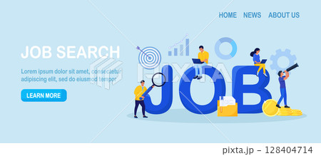 Employees looking for job. Unemployed people using magnifying glass, binoculars searching vacancy, job opportunities.  Unemployment. Career, find opportunity, work position. Online recruitment service 128404714