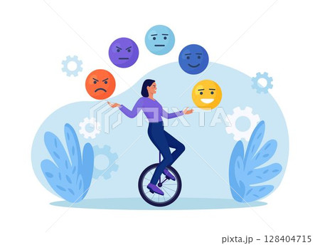 Emotional intelligence, balance of anxiety and happiness. Woman juggles emoticons, expression emotional faces. Emotions, mood control. Mindfulness and psychology. Consciousness, self development Emotional intelligence, balance of anxiety and happiness. Woman juggles emoticons, expression emotional faces. Emotions, mood control. Mindfulness and psychology. Consciousness, self development 128404715