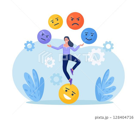 Emotional intelligence, balance of anxiety and happiness. Woman juggles emoticons, expression emotional faces. Emotions, mood control. Mindfulness and psychology. Consciousness, self development Emotional intelligence, balance of anxiety and happiness. Woman juggles emoticons, expression emotional faces. Emotions, mood control. Mindfulness and psychology. Consciousness, self development 128404716