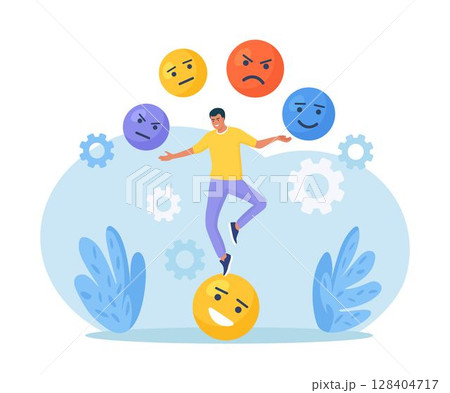 Emotional intelligence, balance of anxiety and happiness. Man juggles emoticons, expression emotional faces. Emotions, mood control. Mindfulness and psychology. Consciousness, self development Emotional intelligence, balance of anxiety and happiness. Man juggles emoticons, expression emotional faces. Emotions, mood control. Mindfulness and psychology. Consciousness, self development 128404717
