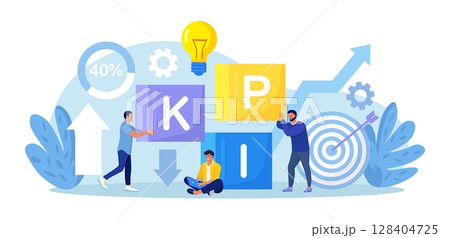 Key Performance Indicator. Businessmen put cubes together with word KPI. Business success measurement, achievement. Data review, evaluation. Analytics tool, financial management, measuring performance 128404725