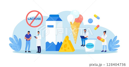 Lactose Intolerance. Dairy Products Intolerant. Doctor Give Pills to Patient for Treat Allergy on Milk Food. Sick Man Suffering with Stomach Ache, Diarrhea, Abdominal Pain, Bloating, Nausea 128404736