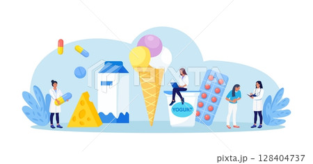 Lactose Intolerance. Dairy Products Intolerant. Doctor Give Pills to Patient for Treat Allergy on Milk Food. Sick Woman Suffering with Stomach Ache, Diarrhea, Abdominal Pain, Bloating, Nausea 128404737