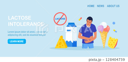 Lactose Intolerance. Young Sick Man Suffering with Stomach Ache, Diarrhea, Abdominal Pain, Bloating, Nausea. Allergy on Dairy Food. Unwell Allergic Reaction with Milk Products, Cheese, Ice Cream 128404739
